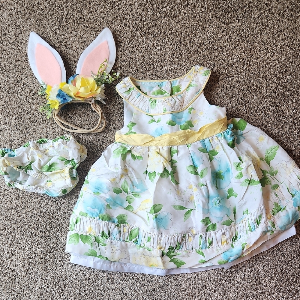 Janie & Jack | Silk Dress w/ Sweater, Bloomers & Handmade Bunny Ears